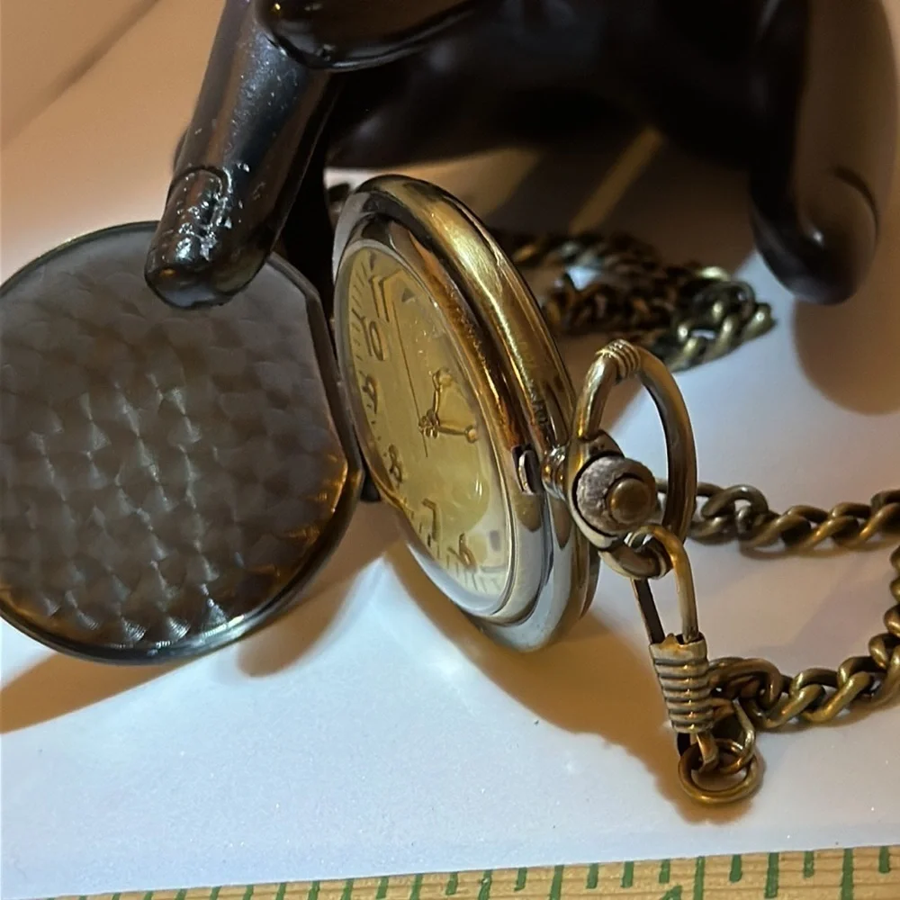 Motorcycle Pocket Watch - Brushed Goldtone 14in Watch chain - needs battery